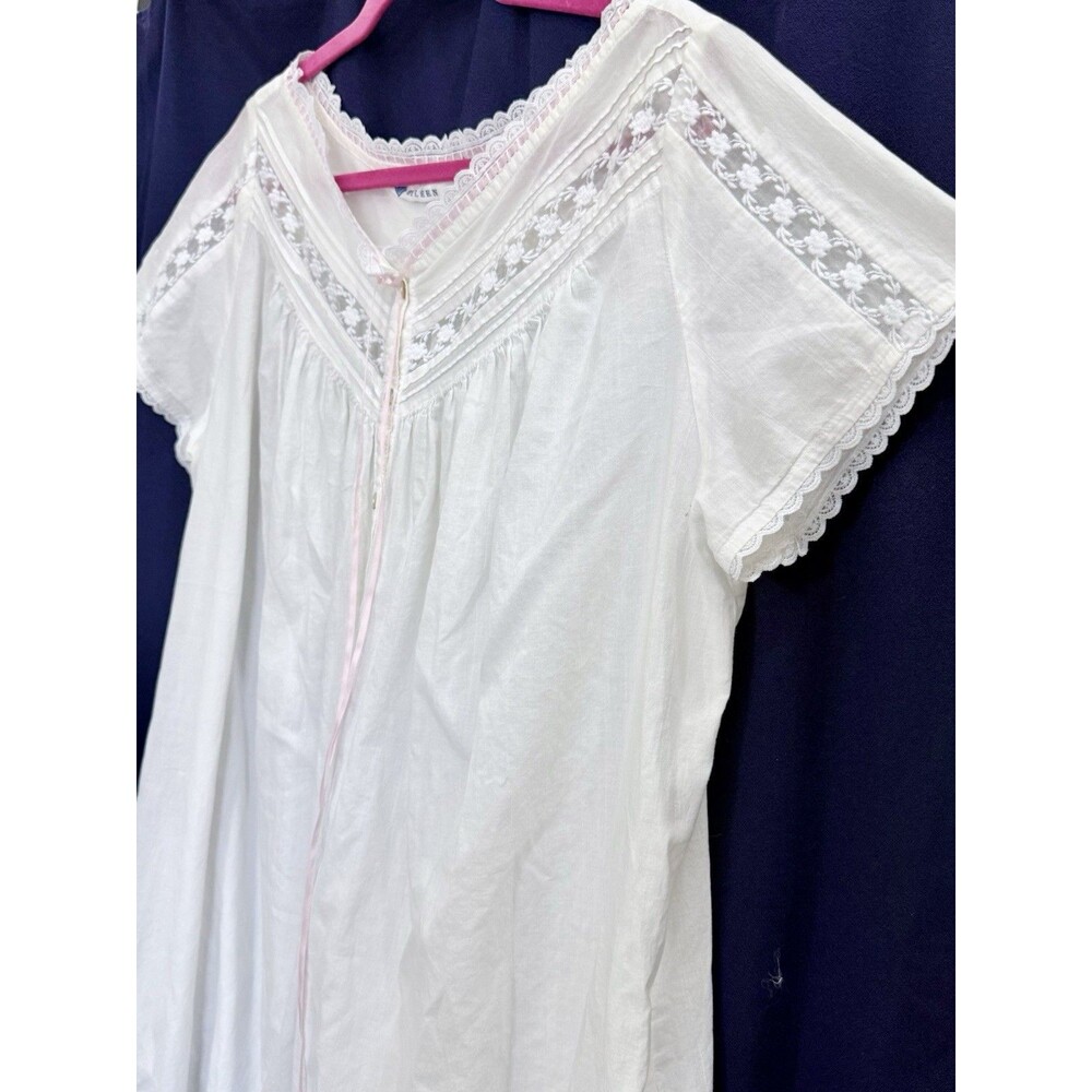 NWOT Vtg 80s Eileen West White Cotton Lawn Nightgown Pockets Lace L Prairecore - Picture 6 of 14